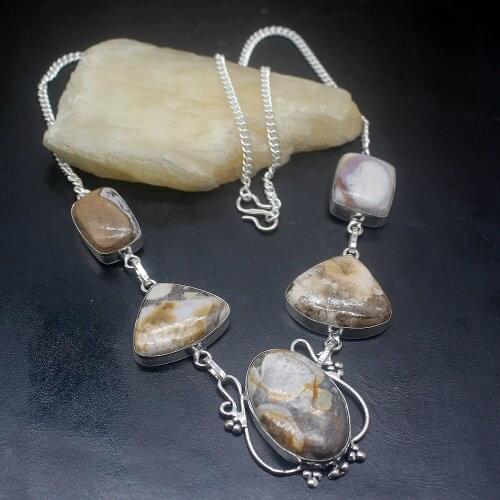 Gemstonefactory Jewelry Big Promotion Single Unique 925 Silver Chalcedony Variscite Ocean Jasper Women Links Necklace 48cm 0105