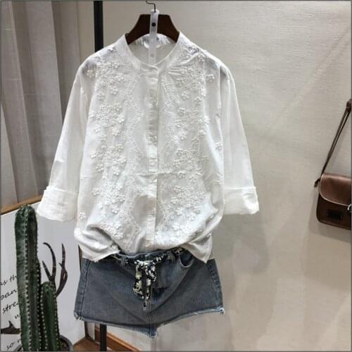 Lamtrip 3D Flowers Stitch Embroidery Long Sleeve Cotton Shirt Blouse Mori Girl