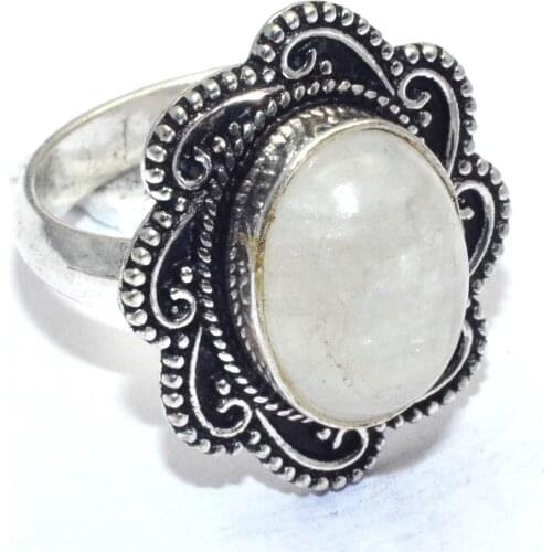 Genuine Rainbow Moonstone Ring Silver Overlay over Copper, Hand Made Women Jewelry gift , Size : 7.75 , R7612