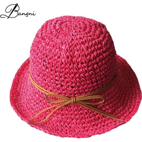 2017 Summer Candy Colors Hats For Women Handmade Crochet Straw Hat Girls Bucket Hat Ladies Beach Cap Chapeu Feminino
