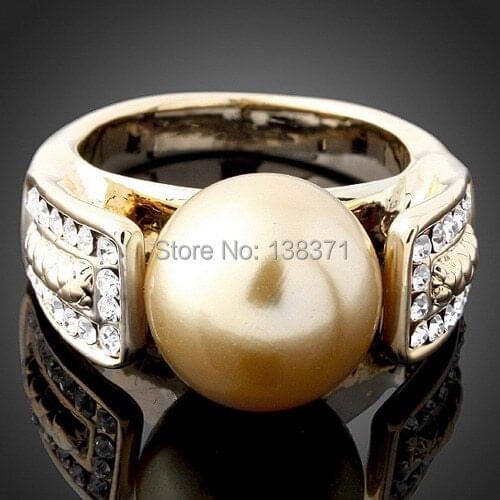 Alisouy Hot Sell! New Lovely HOT Retro Gold Color Elegent Yellow Pearl Austrian Clear Crystals Grace Rings