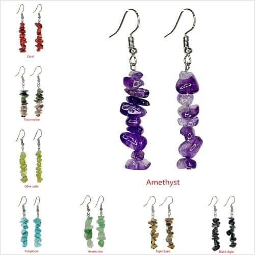 Natural Stone Irregular Beads Earring for Women Gem Long Dangle Eardrop Coral Peridot Tourmaline Agat Crystal Amethysts Jewelry