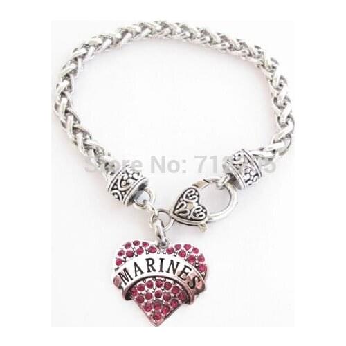 New 50pcs a lot fashion antique silver Marines with red Crystal Heart Lobster Claw Bracelet Jewelry