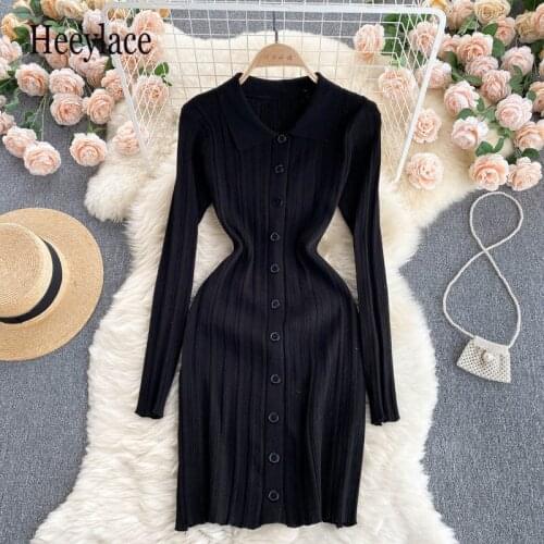 Slim polo neck Autumn Bodycon Knitted Sweater short dress button Winter party stretch dresses Women casual sheath dress