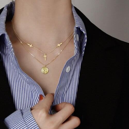 925 Sterling Silver Cross Clavicle Chain Necklace for Women Double Layer Round Angel Necklace Jewelry Colar de Prata S-N239