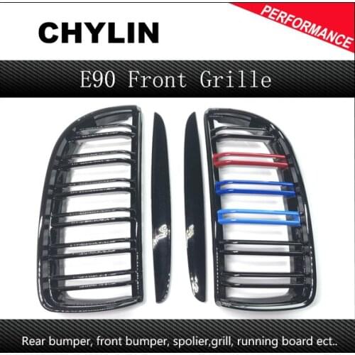 A Pair Gloss Black M Color 2 Line Front Kidney Grille Grill Double Slat For BMW E90 E91 3 Series 2004 2005 2006 2007