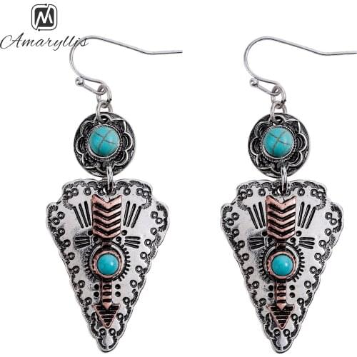 Amaiyllis Retro Turquoises-stone Dangle Earrings For Women Tribal Geometric Metal Arrow Drop Earrings Vintage Stone Jewelry