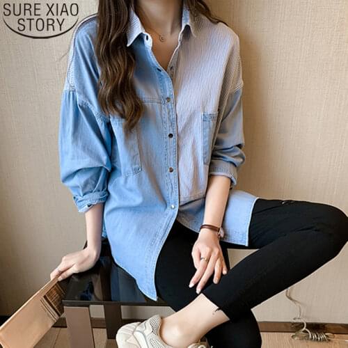 Blue Denim Blouse Long Sleeve Women Blusas 2021 Fashion Denim Shirts Women Fall Polo Collar Loose Single Breasted Tops 7256