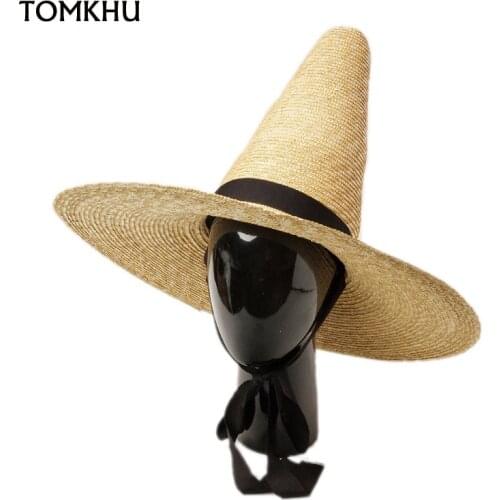 European American Custom Straw Hat Retro Pointed Top Wide Brim Stage Catwalk Designer Hat Magician Hats For Women Black Cape Cap