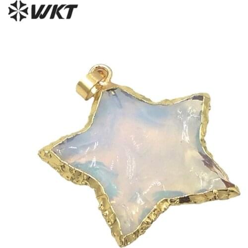 WT-P1569 Amazing Natural hand hammer natural raw opal stone star pendant gold trim white shine raw stone star pendant opal stone