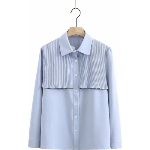 Oversized shirt turn-down collar ruffles womens blouses new 2021 Casual spring autumn Womens long sleeve top blue white