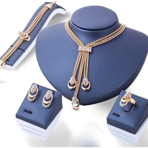 2021 New Fashion 4 Pcs/Set Womens Jewelry Set Gold Plated Crystal Zircon Metal Chain Necklace Bracelet Earring Ring for Bride