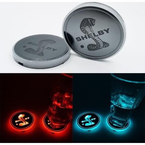 2pcs/set For Ford Mustang Shelby GT500 Super Snake Cobra Car Led Shiny Water Cup Mat Luminous Coaster Atmosphere Light