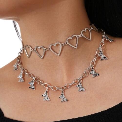 2 Pcs/Set Love Heart Choker Necklace for Women Punk Butterfly Pendant Clavicle Chain Necklace Jewelry Accessories