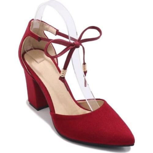 Korean Lace-up Middle Hollow Bowties High Heels Plus Size 40-48 Block Heels Sandals Pumps for Women and Ladies Girls