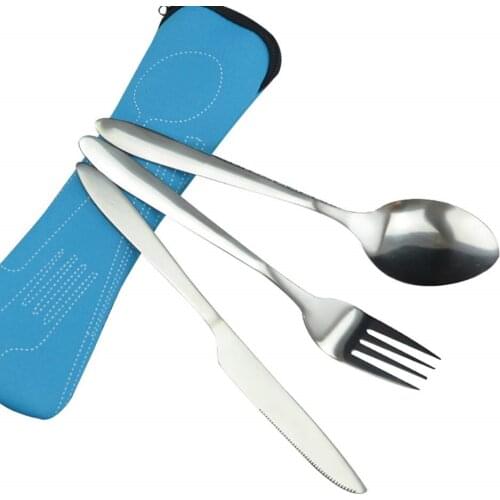 3pcs Stainless Steel Western Food Cutlery Set Outdoor Picnic Dinnerware Portable Steak Knife Fork Spoon Sets with Cloth Bag Tool