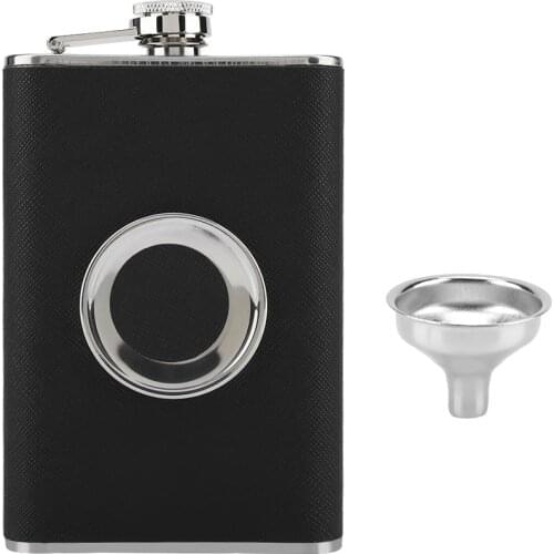 8 Oz Stainless Steel Shot Flask With Built-In Collapsible Shot Glass And Funnel Black PU Leather Wrapped Cover