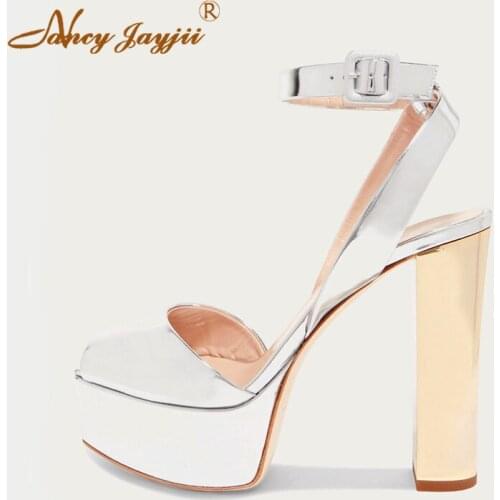 Platform Patent Leather Sandals Silver Black Block Heels Ankle Straps Peep Toe Dress Casual Shoes Women Plus Size 15 16 Summer