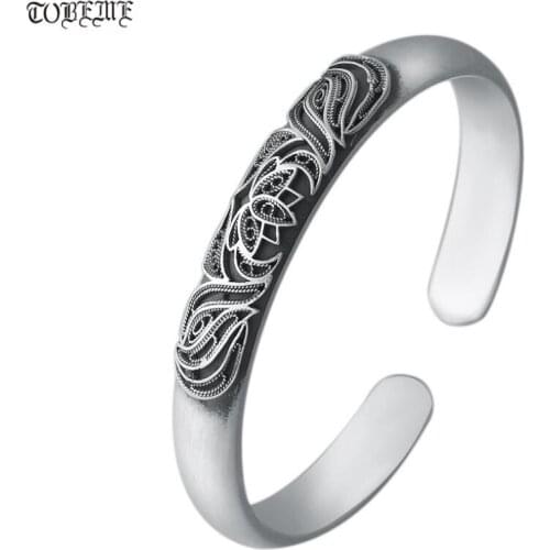100% 999 Silver Tibetan Lotus Flower Bracelet Real Pure Silver Women Bangle Women Cuff Bracelet