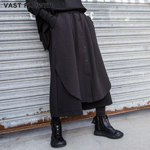 Black Spliced Irregular Wide Leg Pants Women New High Waist Button Fashion Streetwear Loose Casual Trousers Spring Autumn 2021