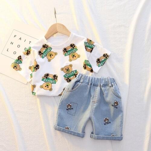 Children Costume Toddler Outfit Summer Baby Boys Girls Clothes Fashion Kids Cartoon Bear Fashion Print T-Shirt + Casual Shorts