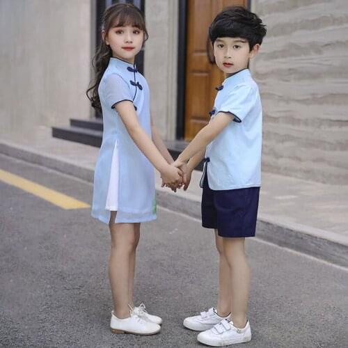 Boys Hanfu Kids Tang Suit Festival Outfit School Dance Costume Girls Cheongsam Short Sleeve Dress Traditional Chinese Clothing