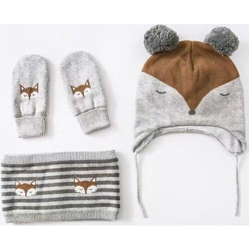Little Fox Embroidery Cotton Baby Hat +Scarf+Gloves Set Crochet Baby Beanies Kids Fall Winter Cap Handmade Windproof Earmuff Cap