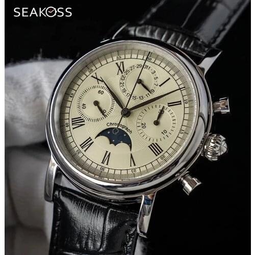 Calendar Men Chronograph Watch Original ST1908 seagull Movement Moon phase Arabic Dial Mens Mechanical Watches 50m Waterproof