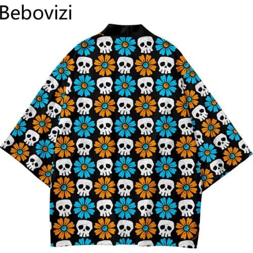 Streetwear Men Women Cardigan Japan Cosplay Haori Yukata Harajuku Tops Robe Skull Flower Loose 4XL Beach Japanese Style Kimono
