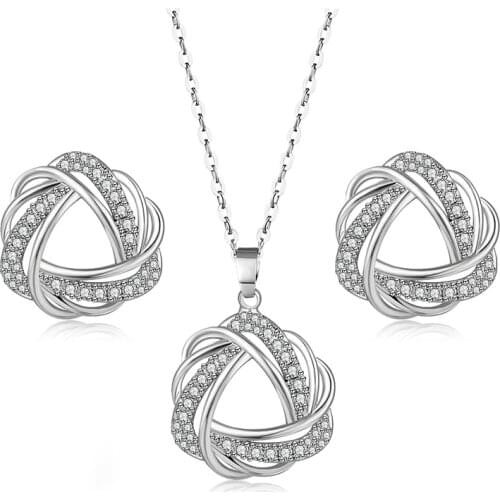 Women Unusual Earrings Necklace Sets For Women Jewelry Sets Twisted Silver Zircon Triangle Pendant Chains Bridal Jewelry Sets