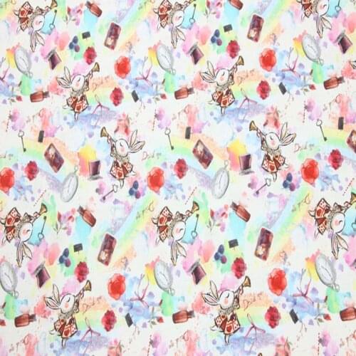 Cartoon Rabbit Key Clock Flowers Print 100% Cotton Fabric for Girl Clothes Bedding Set Hometextile Cushion Cover Backpack DIY