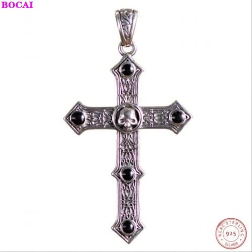 BOCAI 100% S925 sterling silver pendant Retro Thai silver skull personality trend Cross Pure Argentum jewelry for men and women