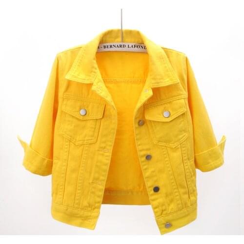 Autumn New Fashion Half Sleeve Denim Jacket Coat Women Pink White Yellow Purple Outerwear Slim Short Student Jeans Jacket Female