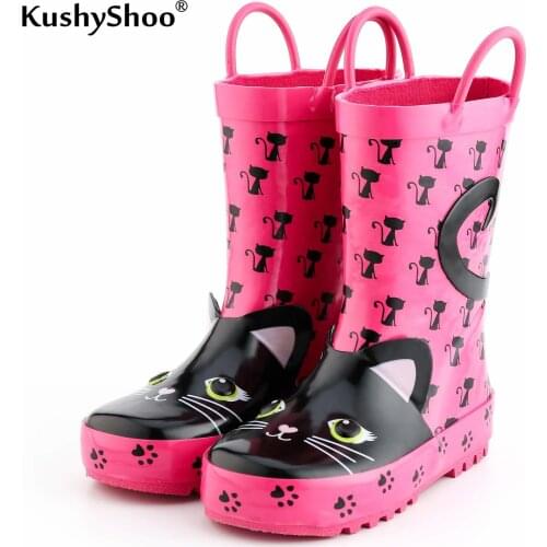KushyShoo Kids Rain Boots Girl Rubber Boots with 3D Pink Cats Patterns Children Lovely Rainboots Water Shoes Kalosze Dla Dzieci