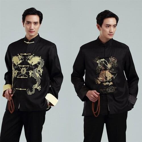 Mens Traditional Chinese Clothes Male Dragon Design Long Sleeve Tangsuit Jacket Shirt Kung Fu Top