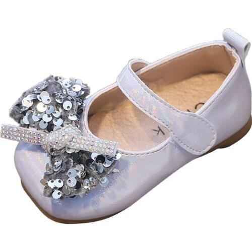 2021 New Girls Leather Rhinestone Butterfly-knot Princess Flats Sweet for Party Chic Children Shoes for Girls Chic Cute Sequined