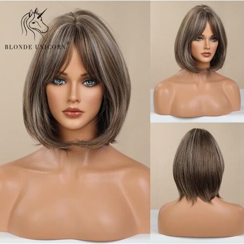 BLONDE UNICORN Straight Synthetic Short Bob Wig Mix Brown and Light Grey with Bangs Lolita Party Daily Hair Wigs For Women