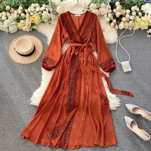 SINGRAIN Women Retro Print Dress 2020 Autumn V Neck Lace up Long Sleeve A-line Dress Korean Elegant Bohemian Long Holiday Dress