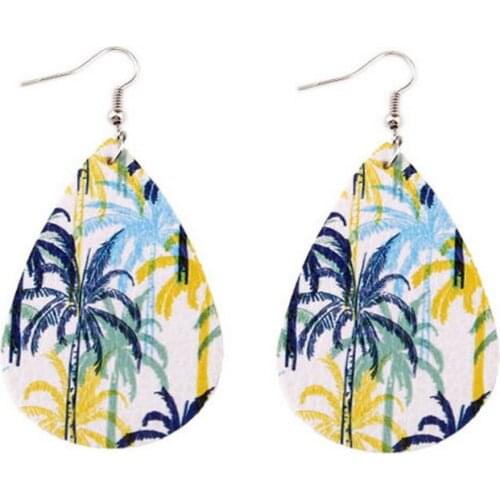 ZWPON Leaf Print PU Leather Teardrop Earrings Fashion Bohemian Tropical Sandbeach Earrings Jewelry Wholesale