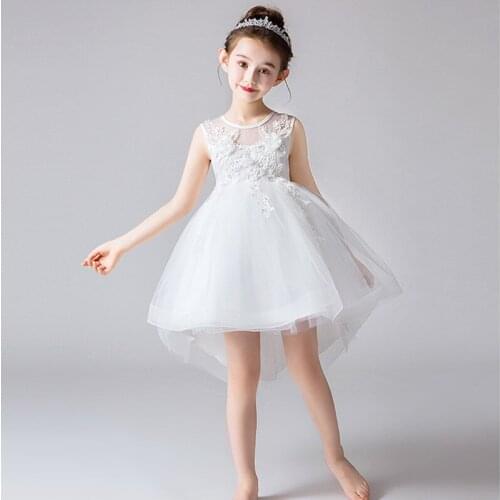 Girls' Wedding Dress Tailed Princess Dress Summer Childrens Shawl Mesh Dress 61 Performance Dress