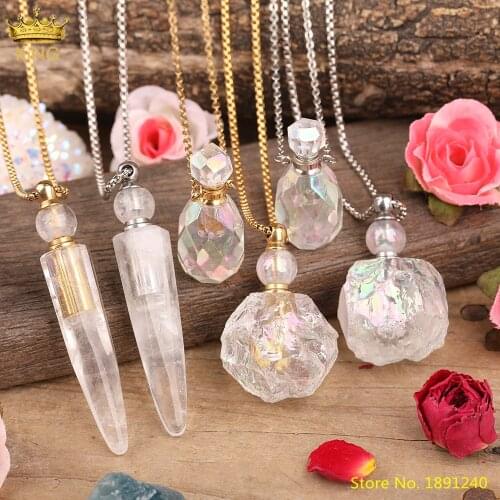 Titanium Bainbow Natural White Quartz Perfume Bottle Pendant Necklace Women Aura Rough Crystal Stone Diffuser Vial Jewelry