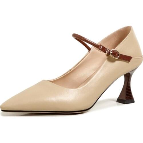 Spring Women Mary Janes Pumps Ladies Leather Sexy Stilettos Apricot Beige Woman Pointed Toe Buckle Strap High Hoof Heels M034