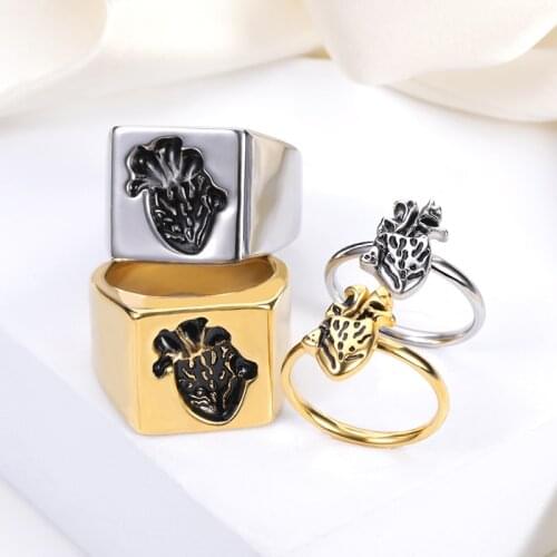 Gothic Punk Style Puzzle Anatomical Heart Ring For Women Stainless Steel Organ Heart Shape Double Jewelry Wedding Couple Gifts