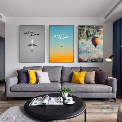 Hot Air Balloon City Building Scenery Poster Nordic Black White Airplane Sky Canvas Painting Wall Art Pictures Modern Home Decor