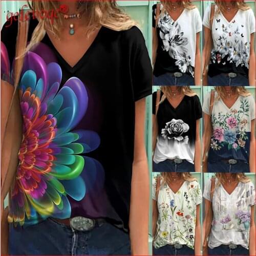 Floral Print V-Neck Short Sleeve Tops 2021 Summer Fashion Casual Harajuku Loose Plus Size Tees T Shirt Female Camisetas De Mujer
