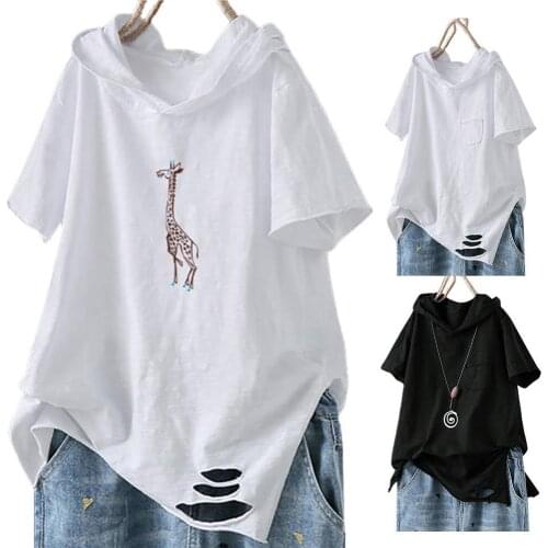 Women Casual Solid Color Short Sleeve Ripped Giraffe Print Loose T-shirt Hoodie Basic Tops suitable for party