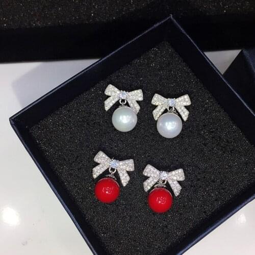 2017 New Women Earrings Silver Plated Bowknot Red And White Pearl Earrings Female Earring Jewelry Christmas Gift GLE4298Y