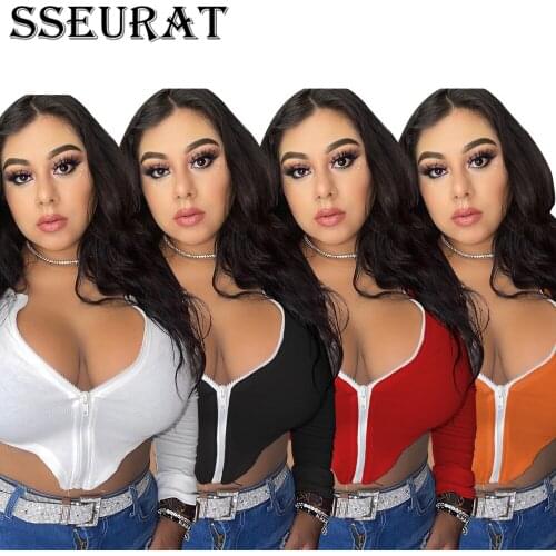 SSEURAT Women Long Sleeve Crop Top Autumn Solid Color Irregular Zipper Pit Sexy Party Bandage Tee