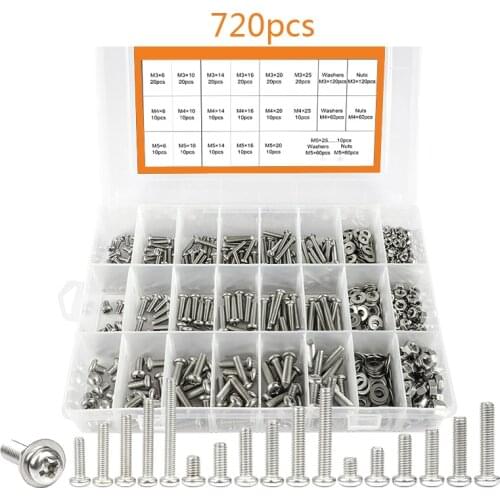 720pcs Cross Recessed Round Head M3 M4 M5 Screw Set Nut Washer Stainless Steel Phillips Machine Screw Assorted Kit