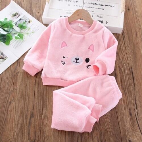 Kids Boy Girls Pajamas Home Spring Clothes SuitsCoral Fleece Warm Top + Pants 2pcs Suit Winter Flannel Pajamas Sets
